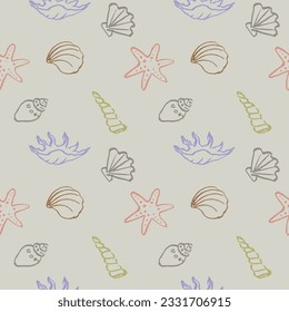 Seashells seamless repeating pattern  background, marine motif. Hand drawn sea shells in pattern for design, textile,web, wrapping paper, packaging design.Travel and leisure vector boho  illustration