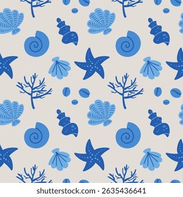 Conchas sem emenda repetindo o fundo padrão, motivo marinho. Conchas desenhadas à mão em relação ao design, têxtil, teia, papel de embrulho, design de embalagem. Vetor de viagem e lazer. Ilustração de Boho