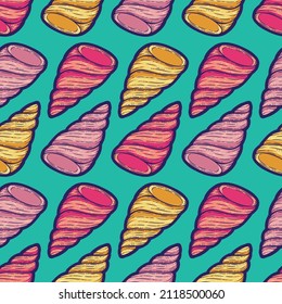 Seashells seamless surface pattern design in line art style and solid flat colors. Beautiful shell patterns perfect for summer and any beach theme occasions.