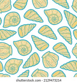 Seashells seamless surface pattern design in line art style and solid flat colors. Beautiful shell patterns perfect for summer and any beach theme occasions.