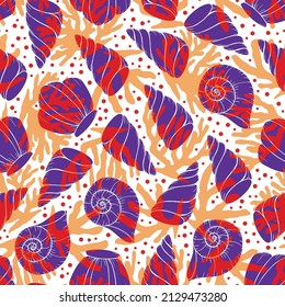 Seashells seamless surface pattern design in line art style and solid flat colors. Beautiful shell patterns perfect for summer and any beach theme occasions.