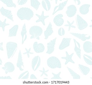 Seashells seamless vector background blue on white. Marine repeating background with seashells and starfish. Use for fabric, wallpaper, beach wear.