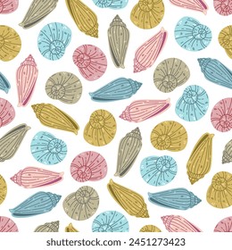 Seashells seamless vector pattern. Nautilus, conical and spiral shells with spots, stripes. Colorful underwater animals, ocean creatures. Hand drawn doodle, sea ornament. Marine mollusks background