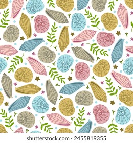 Seashells seamless vector pattern. Nautilus, conical and spiral shells among seaweed, starfish, bubbles. Underwater animals on the seabed, ocean creatures. Hand drawn sea ornament. Marine background