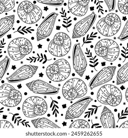 Seashells seamless vector pattern. Nautilus, conical and spiral shells among seaweed, starfish, clams. Underwater animals on the sea ​​bottom, ocean mollusks. Hand drawn black and white background