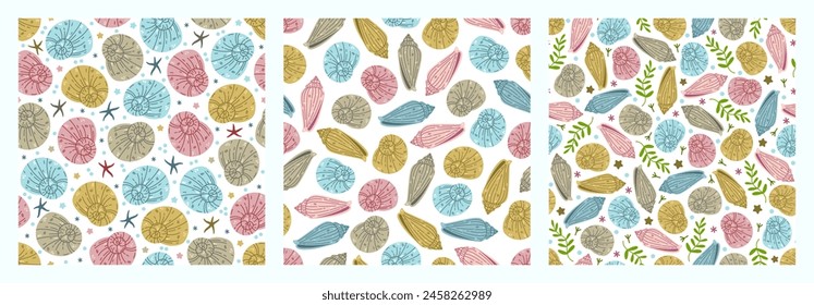 Seashells seamless vector patterns set. Nautilus, conical and spiral shells among seaweed, starfish. Underwater animals on the sea ​​bottom, ocean creatures. Hand drawn ornaments, marine backgrounds