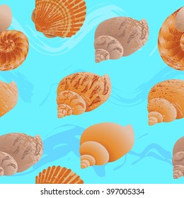Seashells - Seamless wallpaper - On a blue background