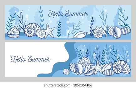 
Seashells and seaweed in color. Two banners with sea objects.