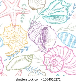 Seashells and seaweed in color. Vector seamless pattern.