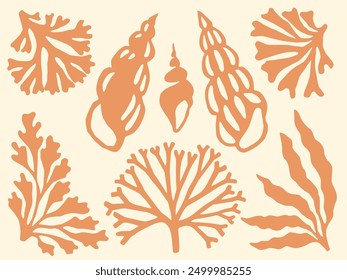 Seashells and seaweed cutouts block print. Peach orange seaweed and sea shells cut out nautical collage design element set. Coastal design linocut elements collection.