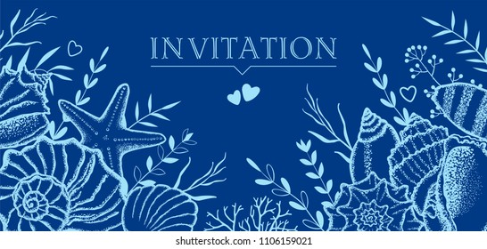 Seashells and seaweed on a dark blue background. Template for postcards, invitations.