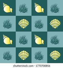 Seashells and seaweeds on a white background