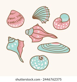 Seashells set cartoon vector illustration. Hand drawn decorative collection of sketches various mollusk sea shells in different forms. Design element for print, logo, flyer, card, poster, paper