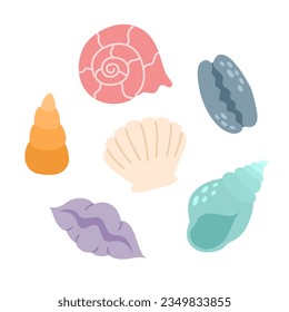 Seashells set in flat cartoon style. Decorative marine ocean elements