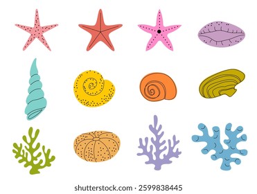 Seashells set, hand drawn seashells of different shapes and colors. This bundle features eight vibrant, stylized seashell illustrations, each with unique shapes and patterns