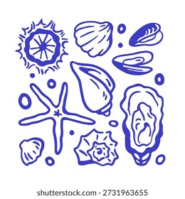 Seashells set. Hand-drawn marine shellfishes in doodle sketch Dolce vita style. Oyster, mussel, clam, scallop, coastal conch and starfish. Flat vector illustration isolated on white background