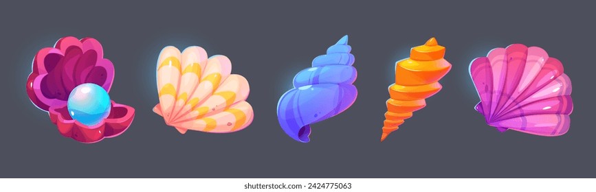 Seashells set isolated on black background. Vector cartoon illustration of marine beach or aquarium seabed design elements, oyster shell with pearl, mollusk, snail, jewelry souvenir collection