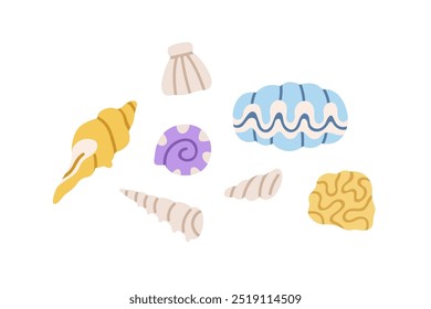 Conchas marinas puestas. Conchas marinas, caracola costera de la playa, vieira tropical, molusco submarino, almeja, colección de mariscos. Elementos de diseño oceánicos. Ilustración vectorial plana aislada sobre fondo blanco