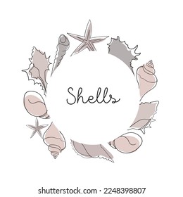Seashells set on an abstract background in round frame. One line drawing of a shell. Round frame with hand drawn marine illustrations of seashells. Summer tropical ocean beach style.
