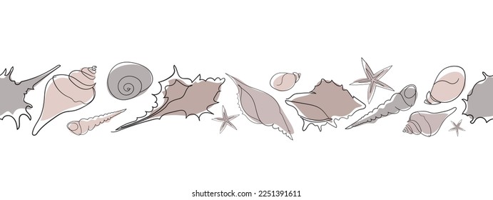 Seashells set on an abstract background. Seashells seamless border. One line drawing of a shell. Hand drawn marine illustrations of seashells. Summer tropical ocean beach style.