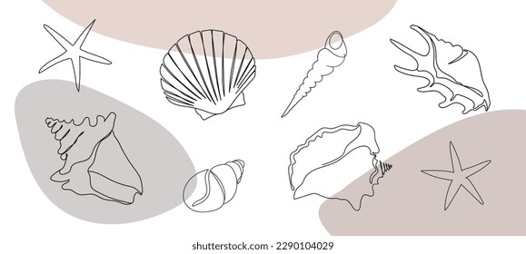 Las casetas de mar se colocan sobre un fondo abstracto. Un dibujo de línea de una concha. Ilustraciones marinas dibujadas a mano de conchas marinas. El estilo veraniego de las playas del océano tropical.