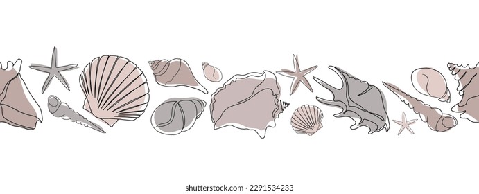 Seashells set on an abstract background. Seashells seamless banner. One line drawing of a shell. Hand drawn marine illustrations of seashells. Summer tropical ocean beach style.