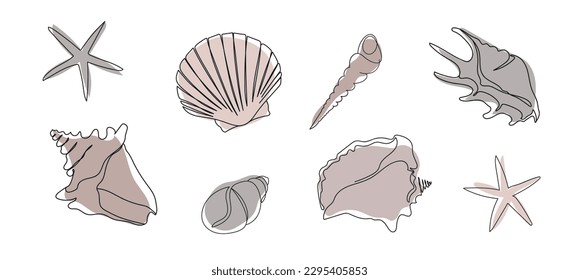 Seashells set on an abstract background. One line drawing of a shell. Hand drawn marine illustrations of seashells. Summer tropical ocean beach style.