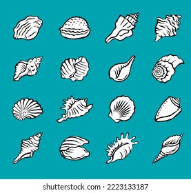 Seashells set. Snail sea shell. Marine underwater twisted seashell. Spiral shape. Undersea mollusc. Animal and wildlife. Cartoon black and white illustration. Blue background. Hand drawn line style