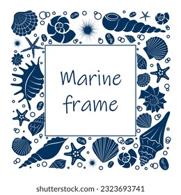 Seashells square frame. Blue silhouette of a shell. Summer background from marine elements