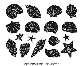 Seashells stamp stencil set. Ocean marine shell, starfish spiral mollusk, conch sink brand. Tropical travel under water design elements printing collection. Oceanic vector illustration for print