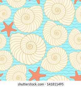 Seashells and star fishes pattern, seamless wallpaper