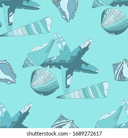 Seashells and starfish in aquamarine shades. Seamless vector pattern.