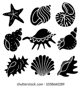 Seashells, starfish black silhouettes. Isolated on white background set