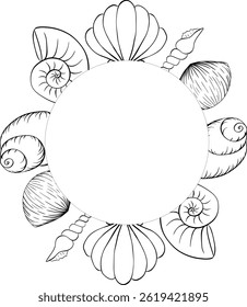 Seashells, starfish circle round frame template for text. Vector graphic line ink illustration isolated on white. Round wreath with nautical elements for postcards, nautical party invitations.
