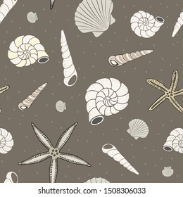 seashells, starfish, cone shells, natural colors, on chocolate brown background. Vector seamless pattern.