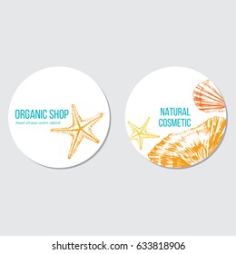 Seashells, starfish hand drawn vector color sketch isolated on white background, round frame, underwater decorative marine sticker, template label layout design for card, beauty salon, cosmetic, menu