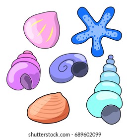 Seashells and starfish isolated on white background. Sea shell cartoon vector illustration. Underwater decor element. Sea shell in nursery style. Shell clipart. Marine fauna logo. Aquarium seashell
