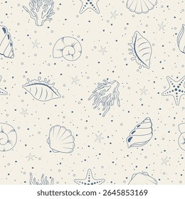 Conchas e estrela-do-mar linha arte sem costura padrão. Ilustração vetorial marinha linha de vida arte sem emenda padrão para fundo, papel de parede, envoltório e têxtil.