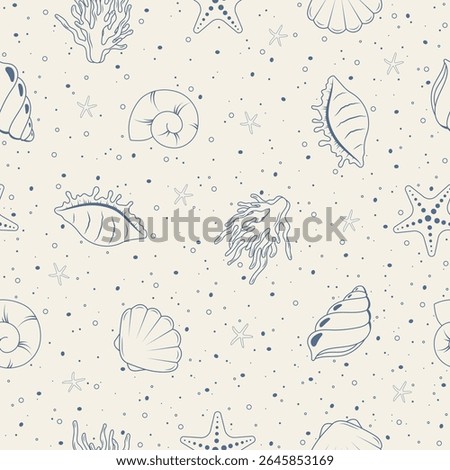 Seashells and starfish line art seamless pattern. Vector illustration marine life line art seamless pattern for background, wallpaper, wrapping and textile.