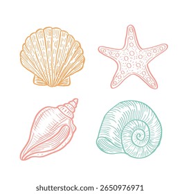 Seashells and starfish line art set – intricately detailed marine illustrations for beach, ocean, coastal themes, perfect for elegant summer and nautical design projects.

