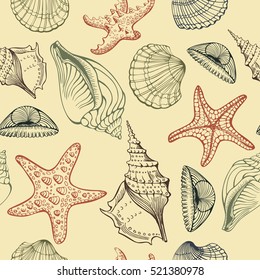 Seashells, Starfish, Marine Life. Vector Seamless Pattern. Hand Drawn Sketch.