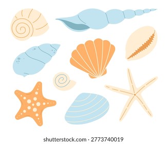 Seashells and starfish minimal set in soft pastel colors. Collection of different marine shells isolated on white background. Flat vector illustration