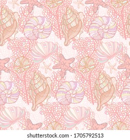 Seashells, starfish, mollusks, Coral and Algae vector graphic colorful pattern