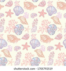 Seashells, starfish, mollusks, Coral and Algae vector graphic colorful pattern