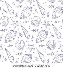Seashells and starfish in a nautical pattern design for coastal and beach-themed decoration