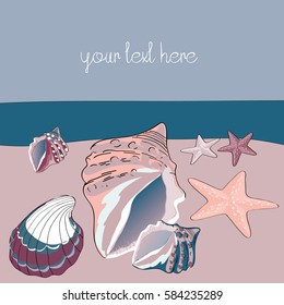 Seashells and starfish on the beach sand with the night sea and sky. Vector illustration,