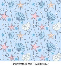 Seashells and starfish on a blue background with waves and bubbles. Vector seamless pattern for wallpaper, wrapping paper, packaging, printing on fabric, textile, clothes and bags. Design template	
