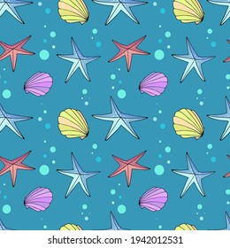 Seashells and starfish on blue, seamless pattern.Underwater background.