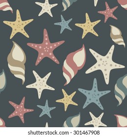 seashells and starfish on dark blue seamless pattern