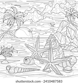 Seashells and starfish on the ocean shore.Tropical landscape.Coloring book antistress for children and adults. Illustration isolated on white background.Zen-tangle style. Hand draw